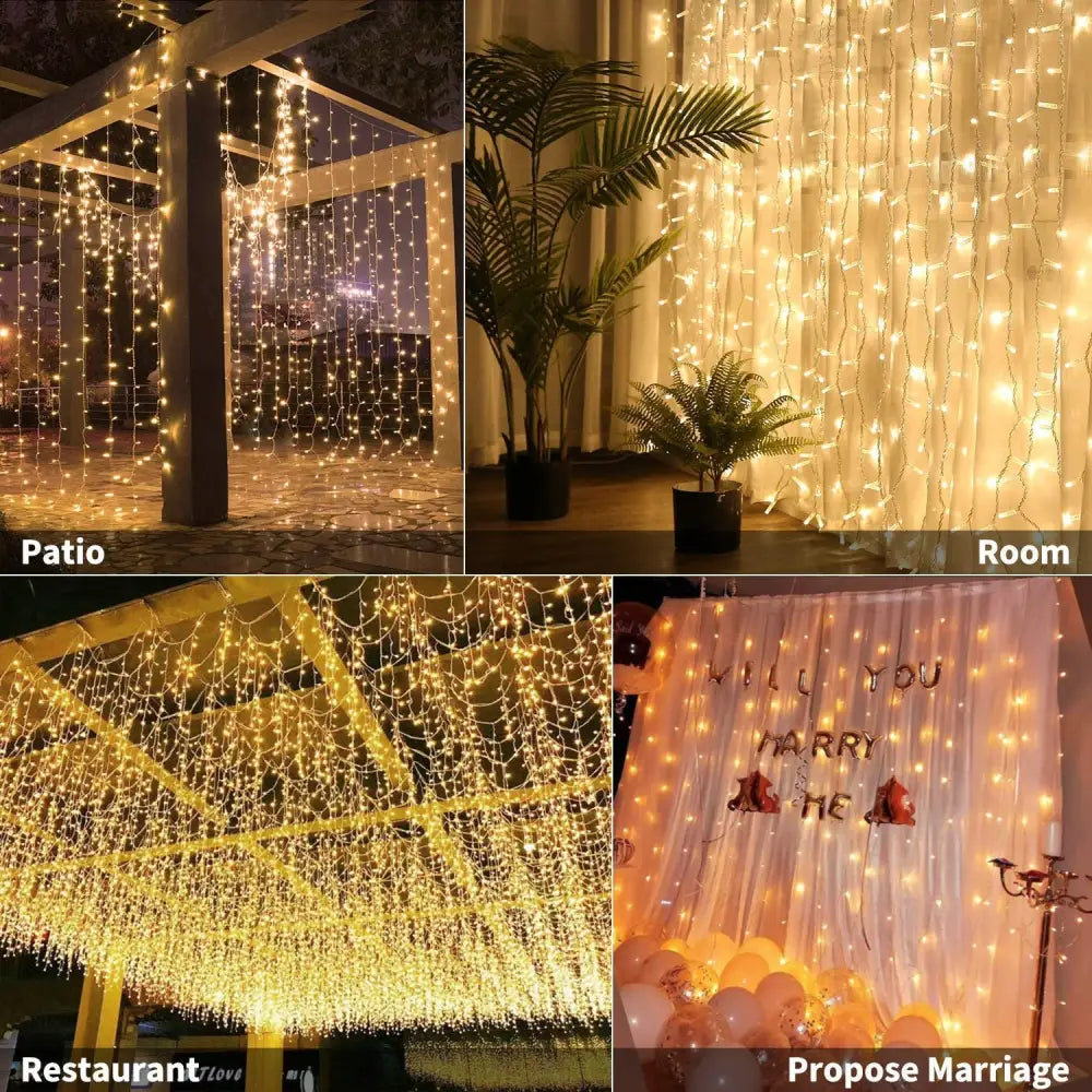 Romantic Curtain String Lights create a warm glowing waterfall effect for dreamy backdrops