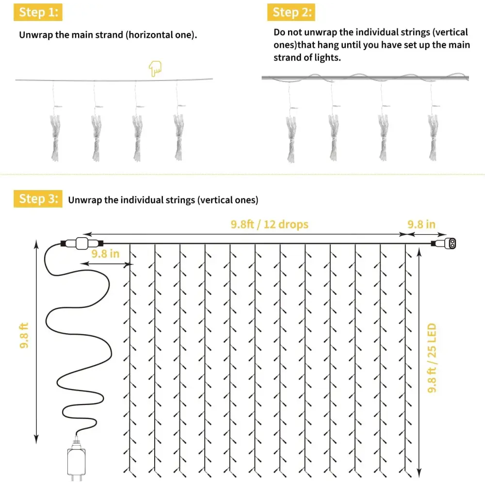 Diagram demonstrating how to unwrap and hang curtain string lights in a zigzag pattern