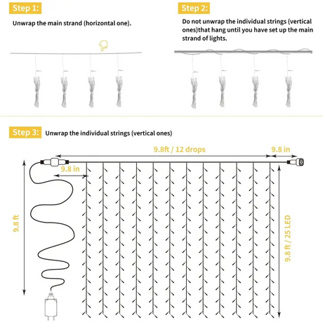 Diagram demonstrating how to unwrap and hang curtain string lights in a zigzag pattern