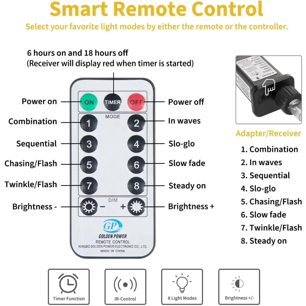 Remote control device for Romantic Curtain String Lights with brightness and mode controls