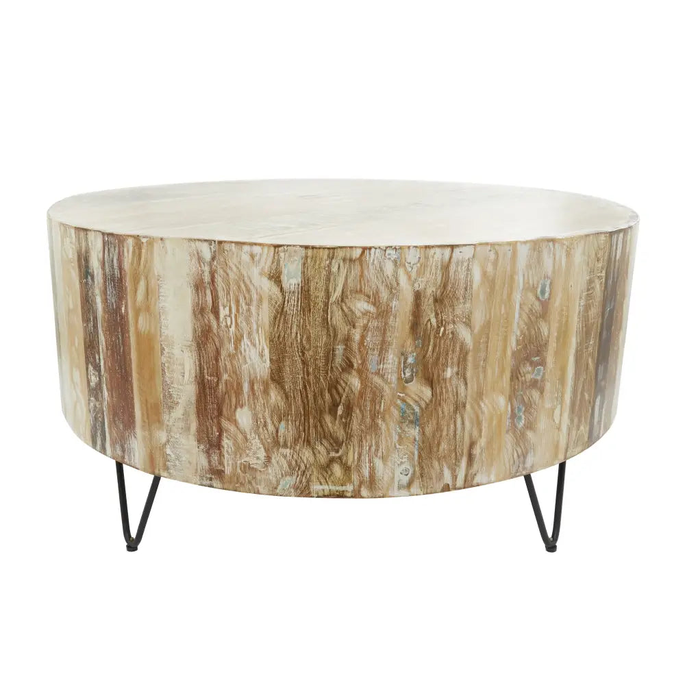 Rustic Round Coffee Table featuring a textured wood-like surface and metal hairpin legs