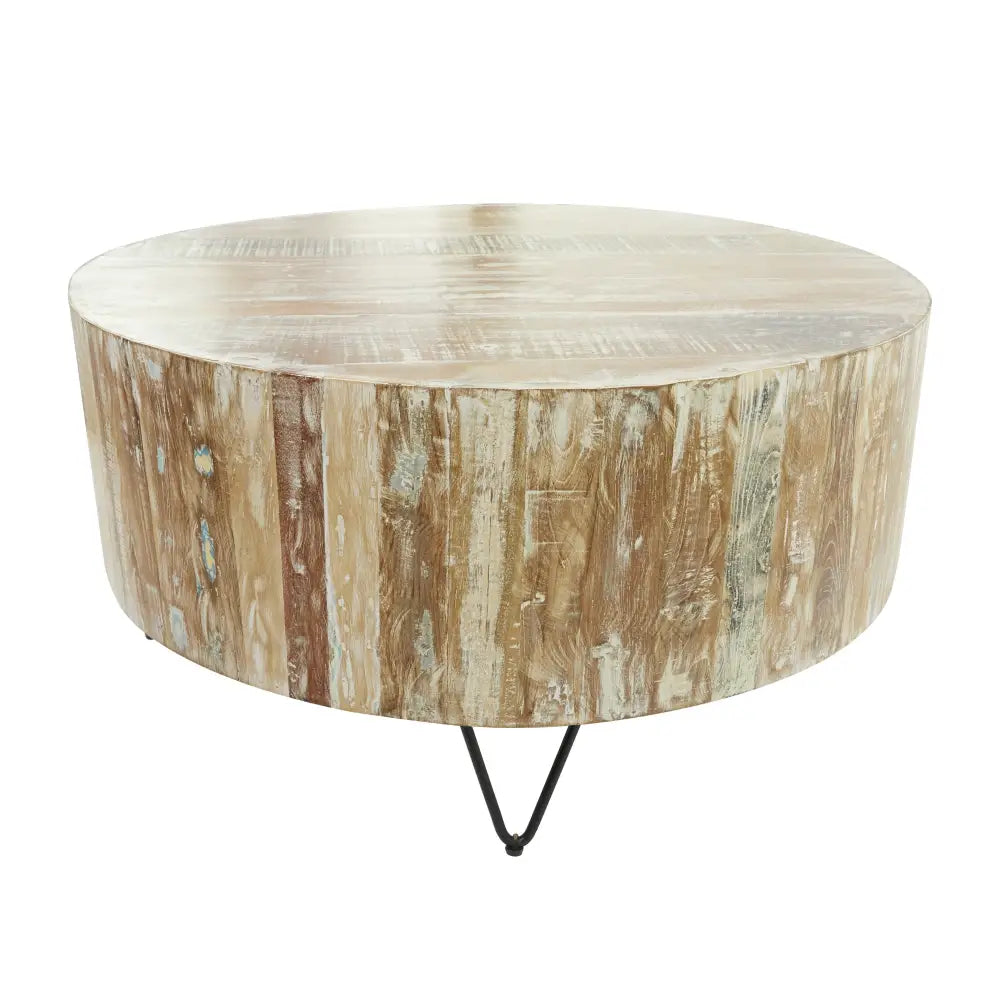 Rustic Round Coffee Table with Natural Wood Top and Hairpin Metal Legs in Whitewashed Finish