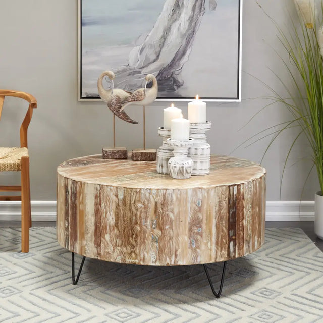 Rustic Round Coffee Table with Natural Wood Top and Hairpin Metal Legs design