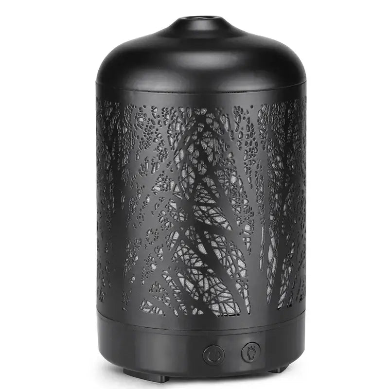 Black metal essential oil diffuser with forest tree design for ultrasonic aromatherapy