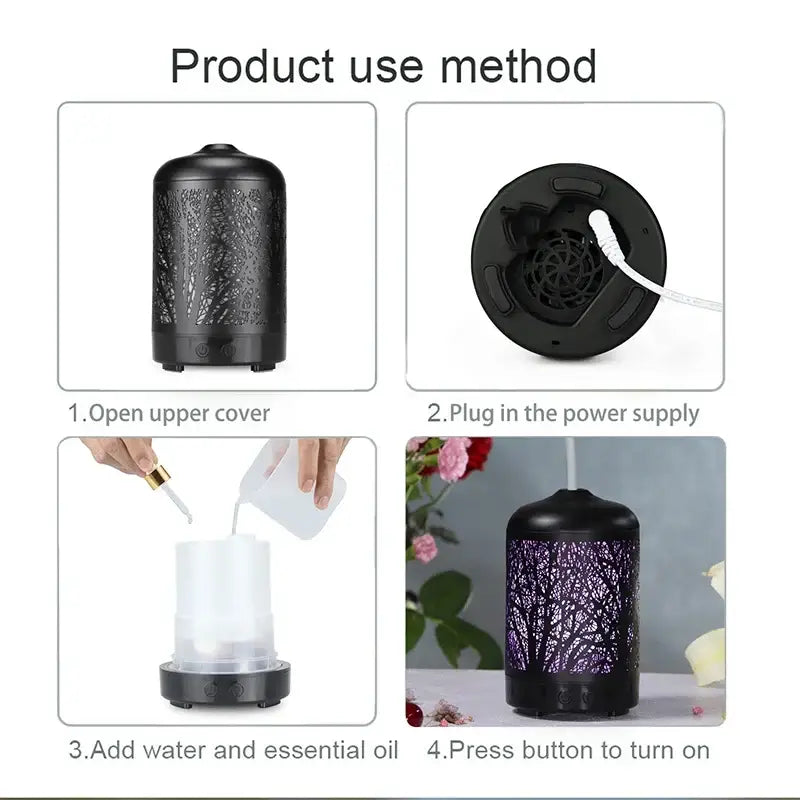 Metal Sacred Tree Essential Oil Diffuser with decorative tree pattern for ultrasonic aromatherapy