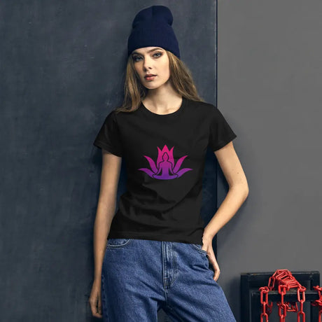 Black Short Sleeve Lotus Om T-shirt for Women in Combed Ringspun Cotton with Pink Lotus Design