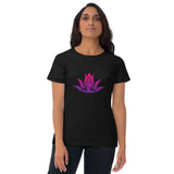 Black Short Sleeve Lotus Om T-shirt for Women featuring a pink and purple lotus design