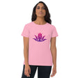 Pink Short Sleeve Lotus Om T-shirt for Women in combed ringspun cotton with purple design