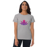 Heather grey short sleeve t-shirt with pink and purple lotus flower design for women