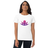 White Short Sleeve Lotus Om T-shirt for Women with purple lotus design in ringspun cotton