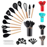 Silicone kitchen utensils set with wooden handles and colorful storage containers