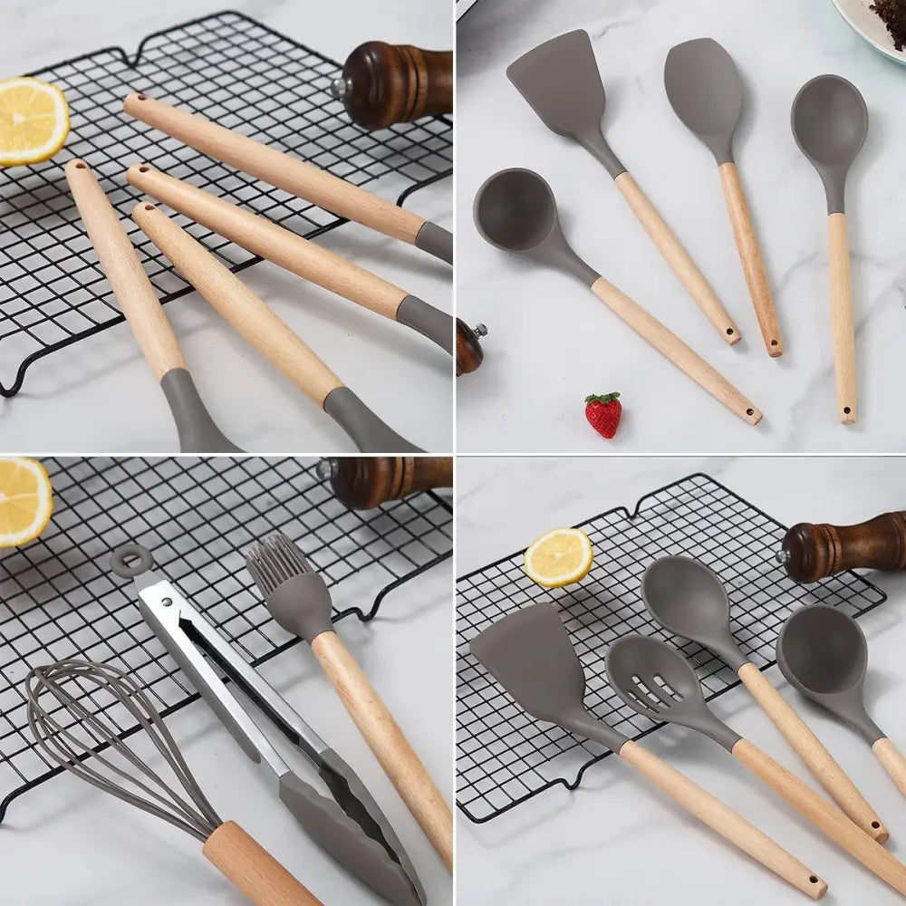 Silicone Kitchen Utensils Set with Wooden Handles for stylish and efficient cooking