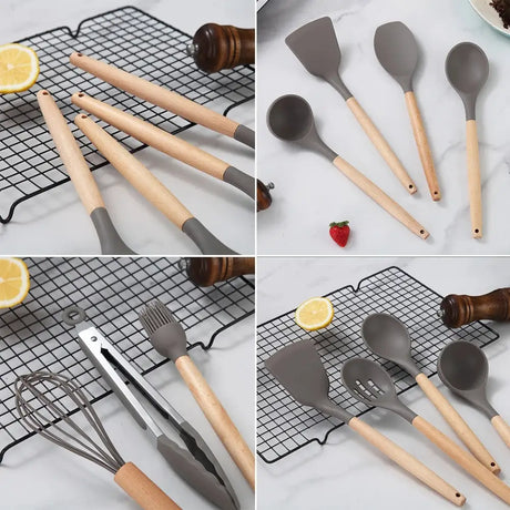 Silicone Kitchen Utensils Set with Wooden Handles for stylish and efficient cooking