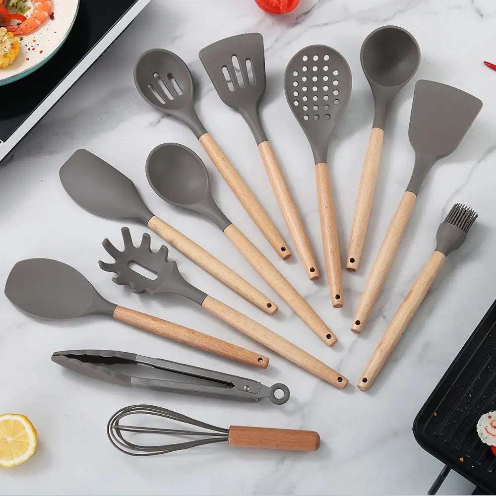 Silicone Kitchen Utensils Set with Wooden Handles and Storage for efficient cooking