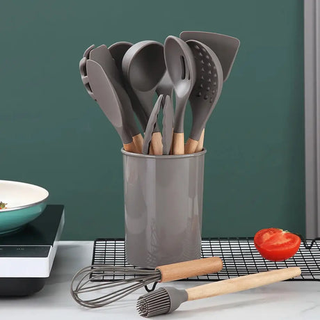 Silicone Kitchen Utensils Set with Wooden Handles in Gray Holder for Stylish Cooking