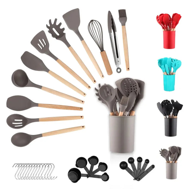 Silicone kitchen utensils set with wooden handles and multiple storage holders