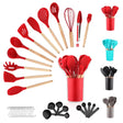 Silicone Kitchen Utensils Set with Wooden Handles in Red, Black, and Turquoise Colors