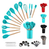 Silicone kitchen utensils set with wooden handles and turquoise tools in holder