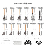 Diagram of Silicone Kitchen Utensils Set with Wooden Handles and measurements