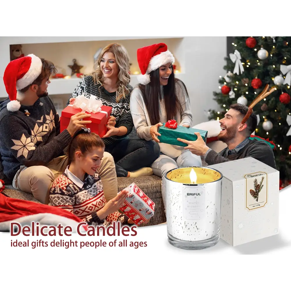 White decorative scented soy candle in glass container with matching gift box