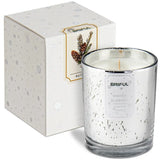 White glass scented soy candle with metallic speckles in a gift box