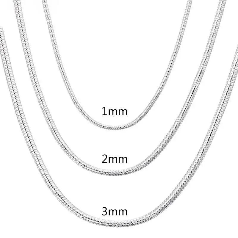 Sterling Silver Snake Chain Necklace Set showcasing 1mm, 2mm, and 3mm thicknesses