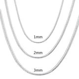 Sterling Silver Snake Chain Necklace Set showcasing 1mm, 2mm, and 3mm thicknesses