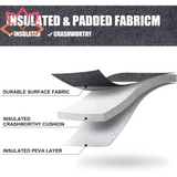 Cross-sectional diagram of insulated wine tote with padded fabric layers and leather trim