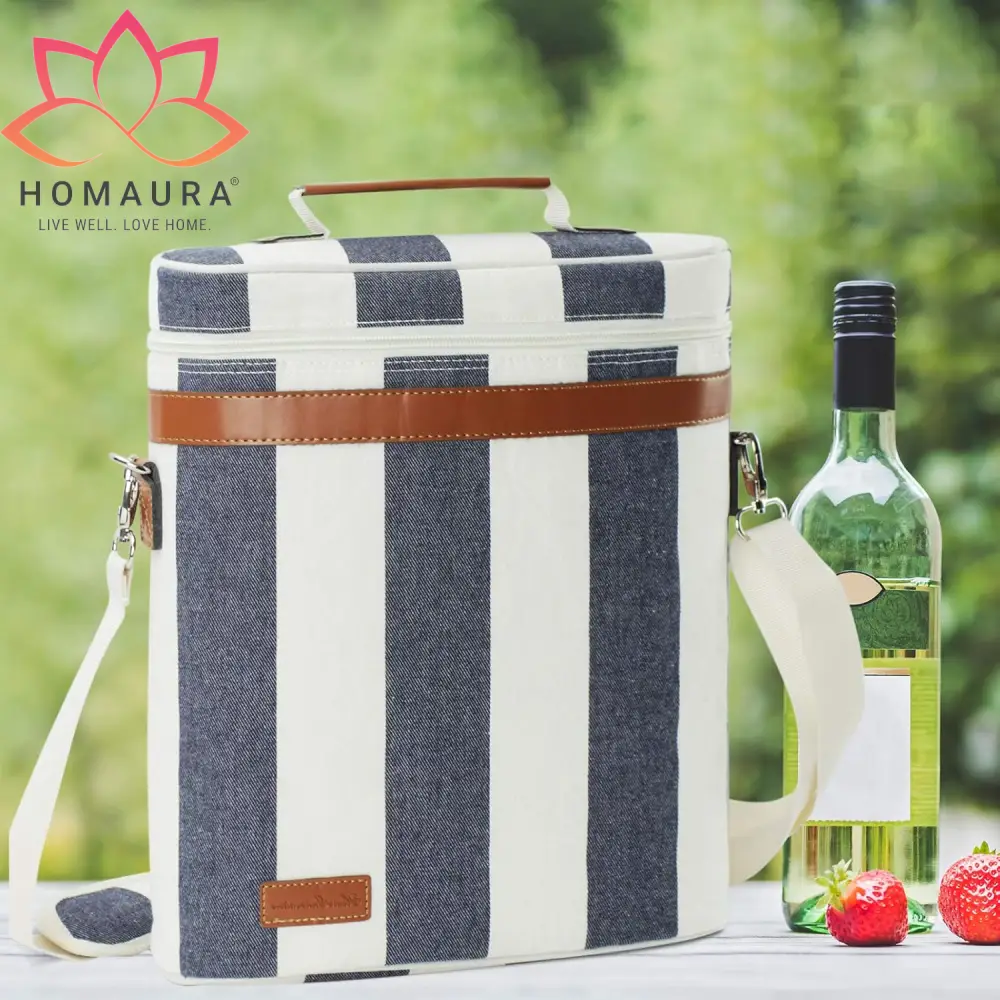 Striped navy and white insulated wine tote with leather trim for stylish storage