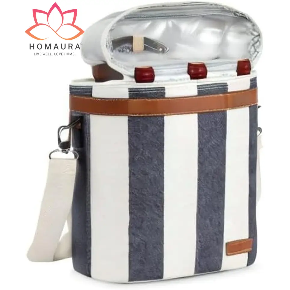 Striped insulated wine tote with leather trim and shoulder strap in navy and white