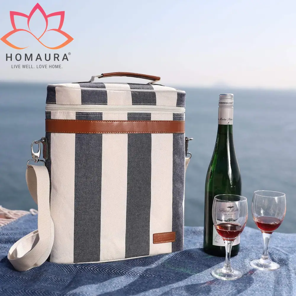 Striped insulated wine tote with leather trim and shoulder strap for stylish storage