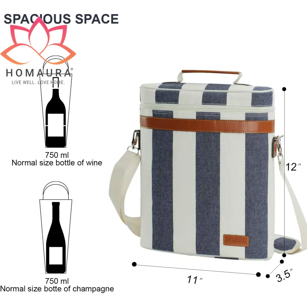 Striped Insulated Wine Tote with Leather Trim and Strap for stylish wine transport