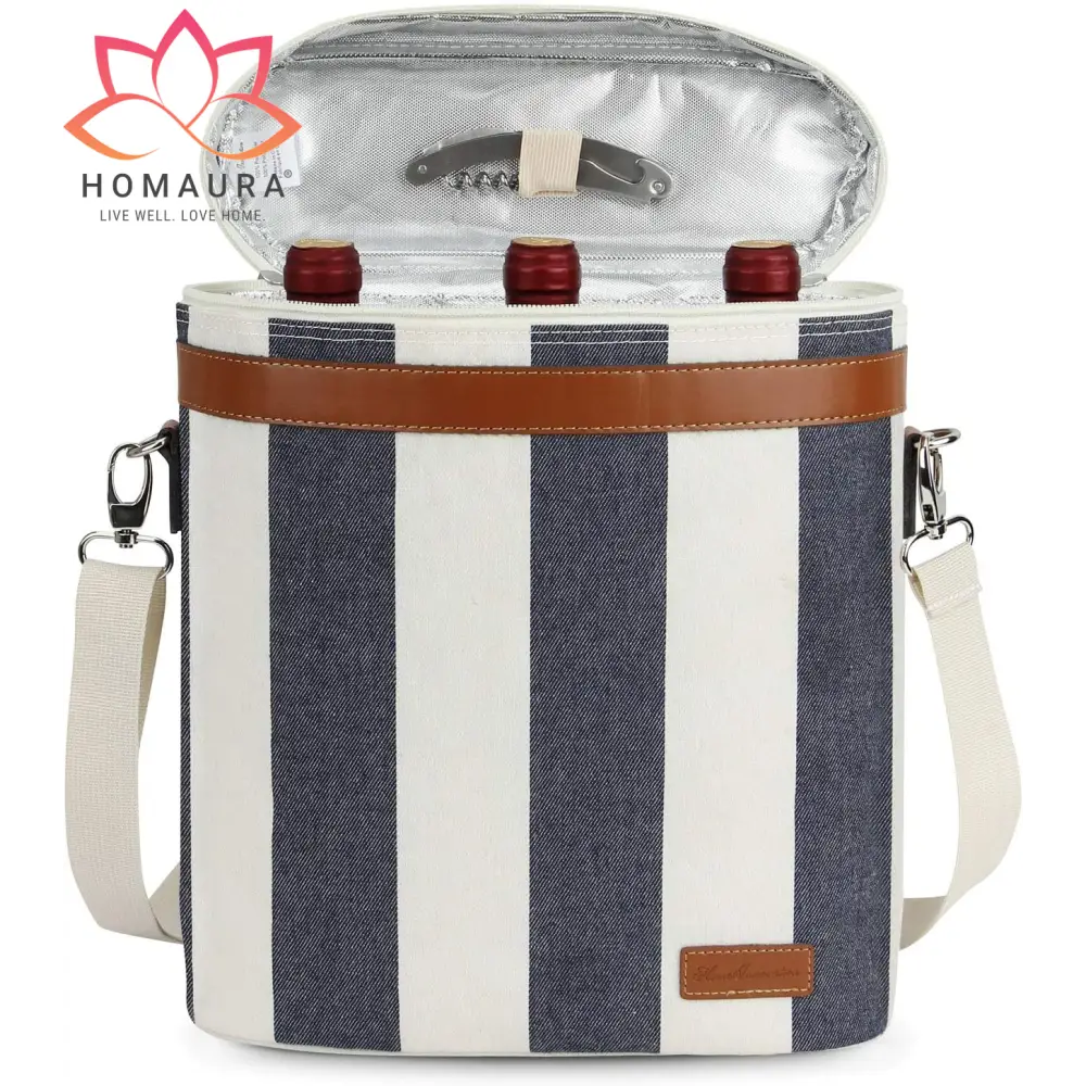 Striped insulated wine tote with leather trim and shoulder strap for stylish transport