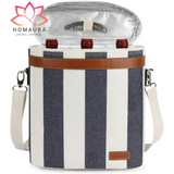 Striped insulated wine tote with leather trim and shoulder strap for stylish transport