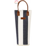 Striped insulated wine tote with leather trim and navy blue stripes for stylish storage