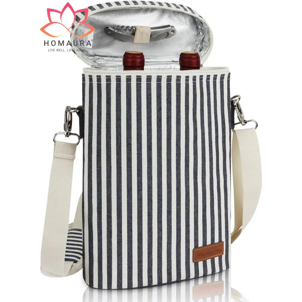 Striped navy and white insulated wine tote with adjustable shoulder strap and leather trim