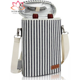 Striped navy and white insulated wine tote with adjustable shoulder strap and leather trim