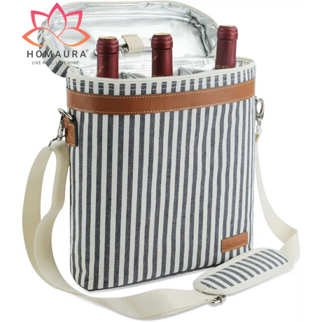 Striped Insulated Wine Tote with Leather Trim and Strap for stylish wine transport