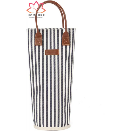 Striped Insulated Wine Tote with Leather Trim and Strap for stylish wine transport