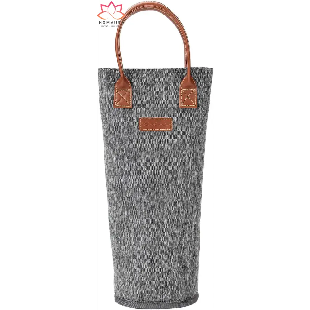 Grey insulated wine tote bag with leather handles and trim for stylish transportation