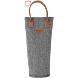 Grey insulated wine tote bag with leather handles and trim for stylish transportation