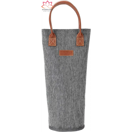 Grey insulated wine tote bag with leather handles and trim for stylish transportation