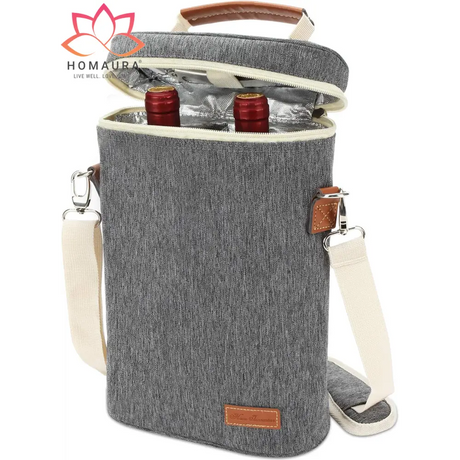 Grey insulated wine tote with brown leather accents and shoulder strap