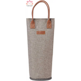 Grey insulated wine tote with brown leather handles and stylish striped design