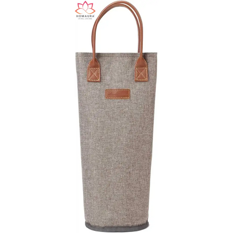 Grey insulated wine tote with brown leather handles and stylish striped design