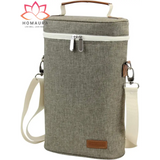 Grey insulated wine tote with shoulder strap and zipper closure for stylish transport