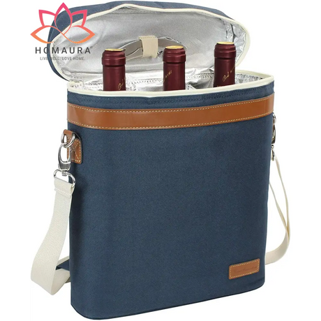 Navy blue insulated wine tote bag with brown leather trim and shoulder strap