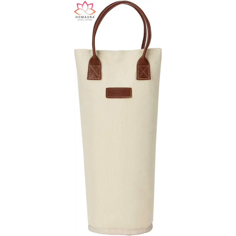 Canvas wine tote with leather trim and strap, perfect insulated wine tote for events