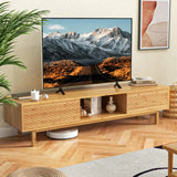 Stylish 63’’ Mid Century Modern Bamboo TV Stand with sliding doors and built-in cable hole