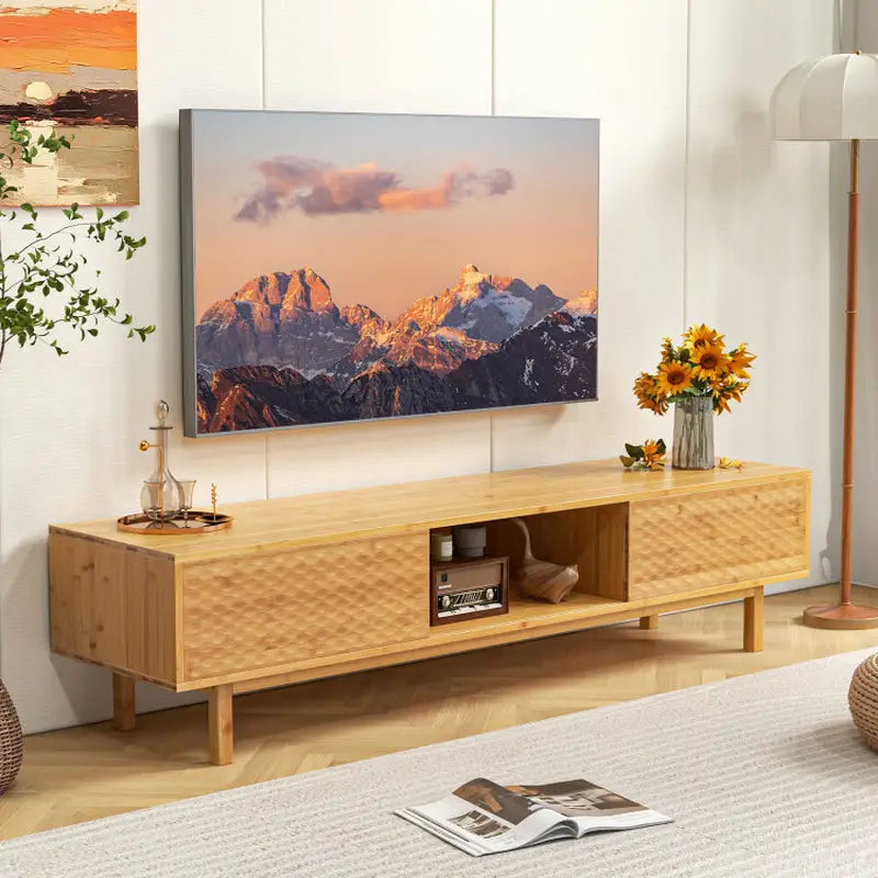 Stylish 63’’ Mid Century Modern Bamboo TV Stand with sliding doors and built-in cable hole